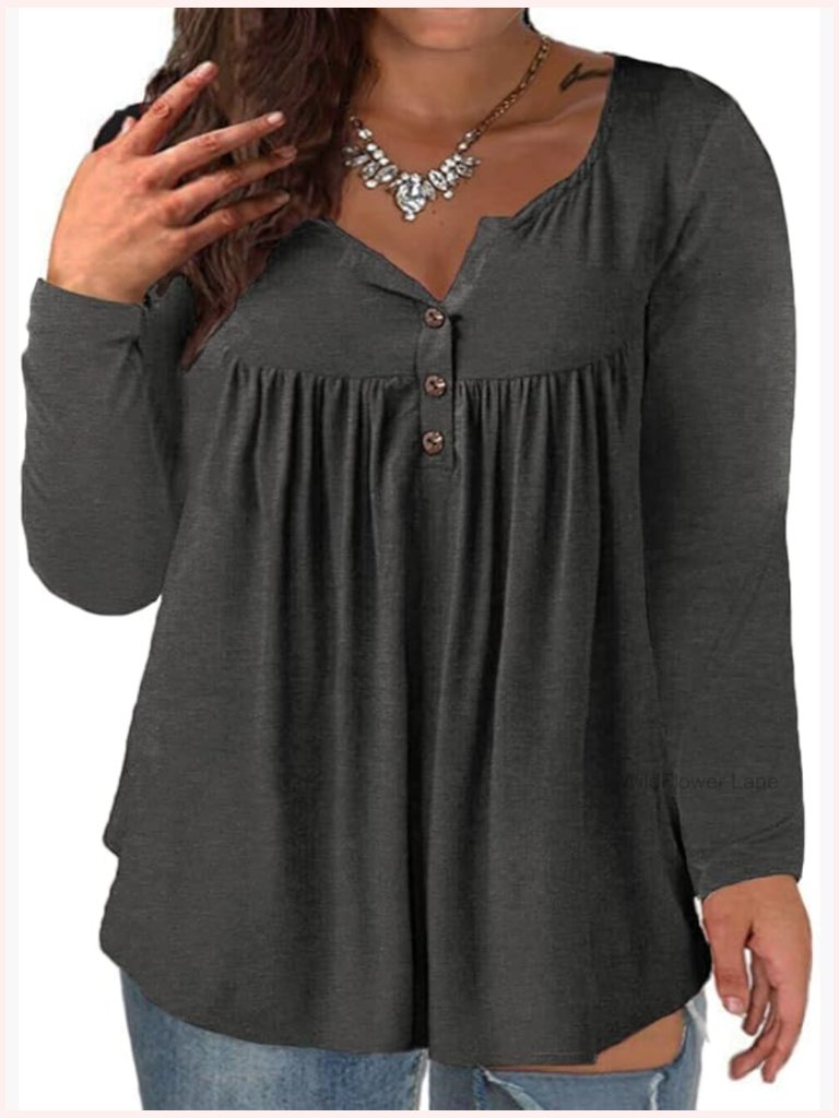 Plus Size Long Sleeve Henley Tunic Blouse Button Up Flowy Pleated Tops